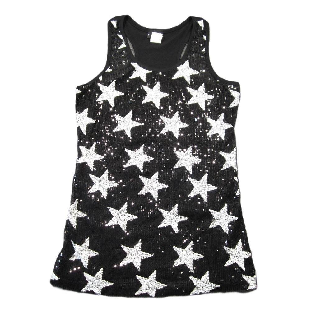 Vtg Deb Tank Top XS Black Mesh Sequin Star Racerback USA Y2K Party Soft GothGlam